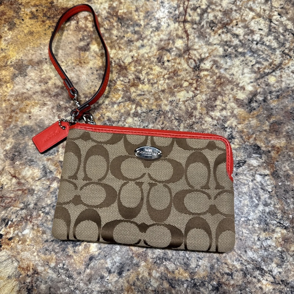 Coach Silver Khaki & Bright Orange Signature  Zip Wristlet F64375